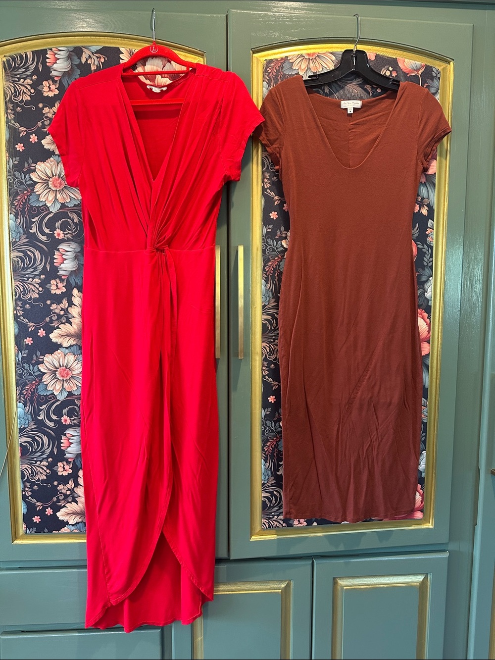 See You Monday Rust midi and Red Twist-Front Midi Dresses combo